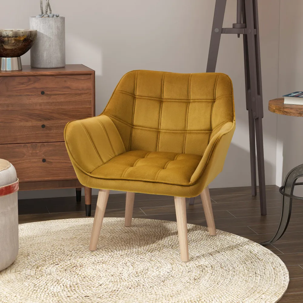 Polstret lænestol, accentstol, skandinavisk design, fløjlslook, op til 120 kg, ben i gummitræ, lemon