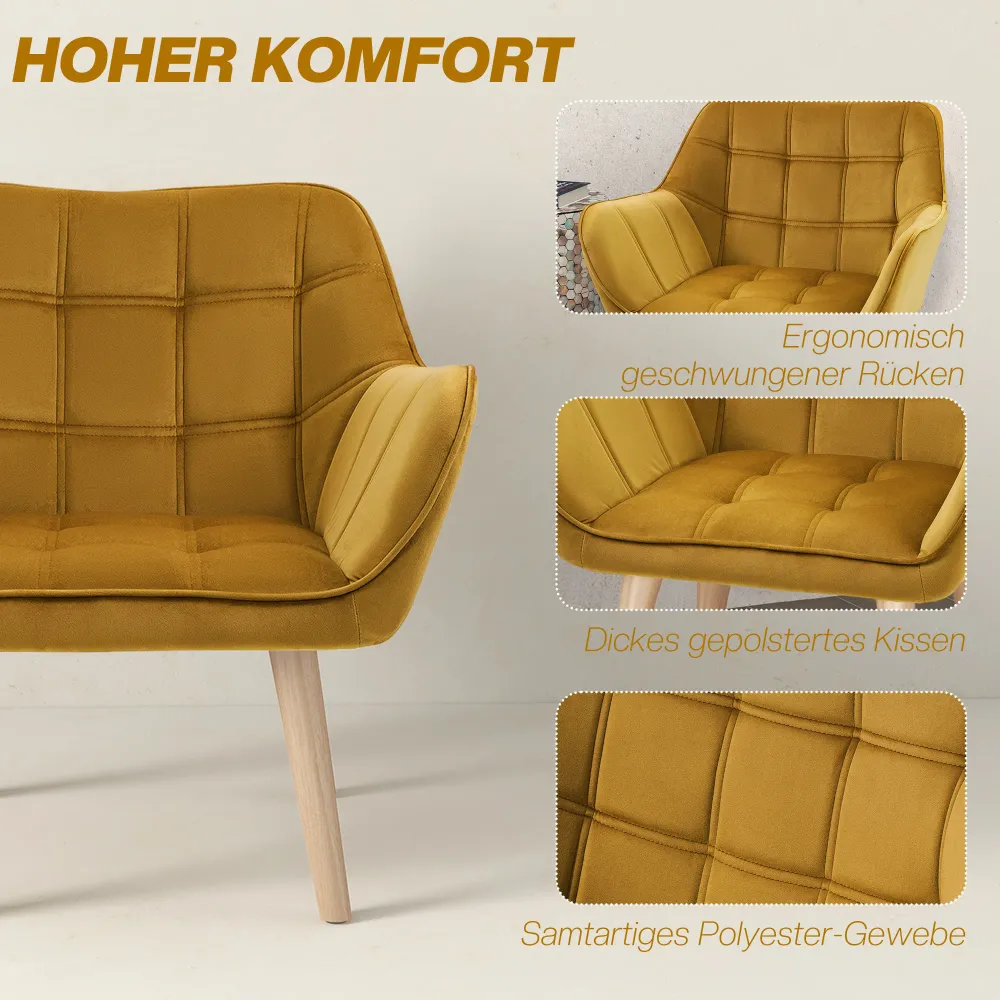 Polstret lænestol, accentstol, skandinavisk design, fløjlslook, op til 120 kg, ben i gummitræ, lemon