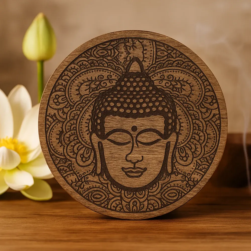 Buddha ansigt indgraveret rund æske sort 17.5x7.5cm