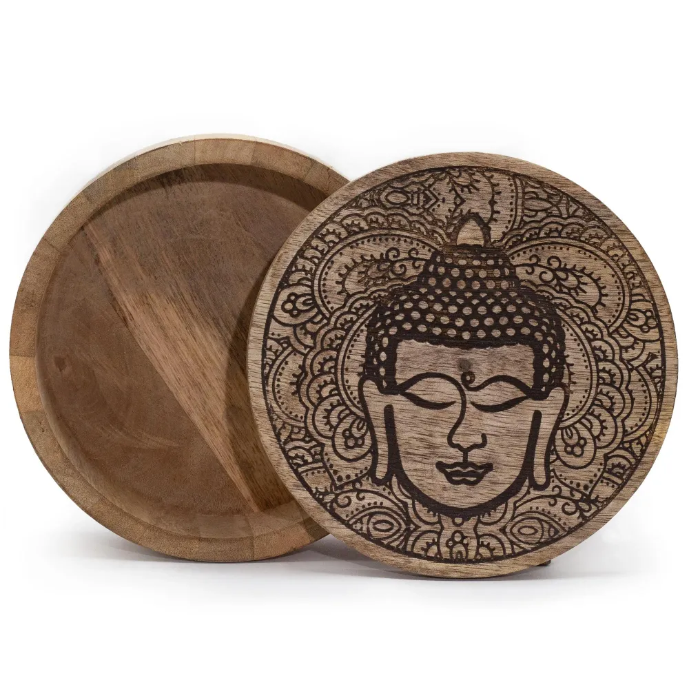 Buddha ansigt indgraveret rund æske sort 17.5x7.5cm