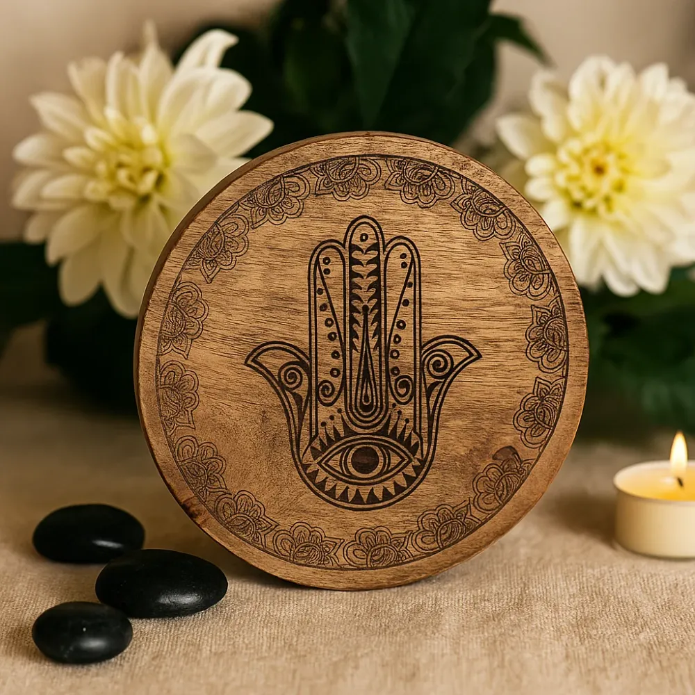 Stor Rund Æske 17.5x7.5cm Hamsa Sort Indgraveret