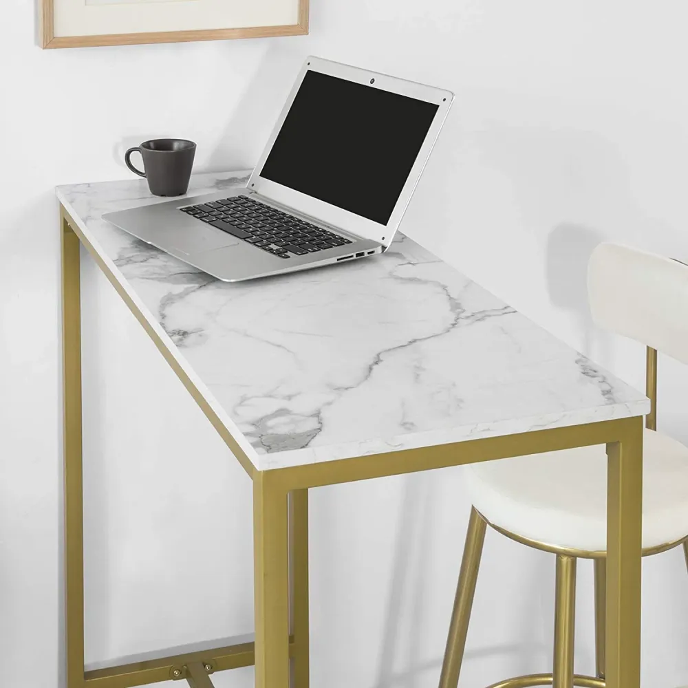 Barbord / konsolbord med bordplade i marmor-look og guldfarvet kant