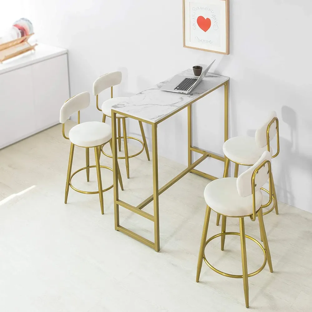 Barbord / konsolbord med bordplade i marmor-look og guldfarvet kant