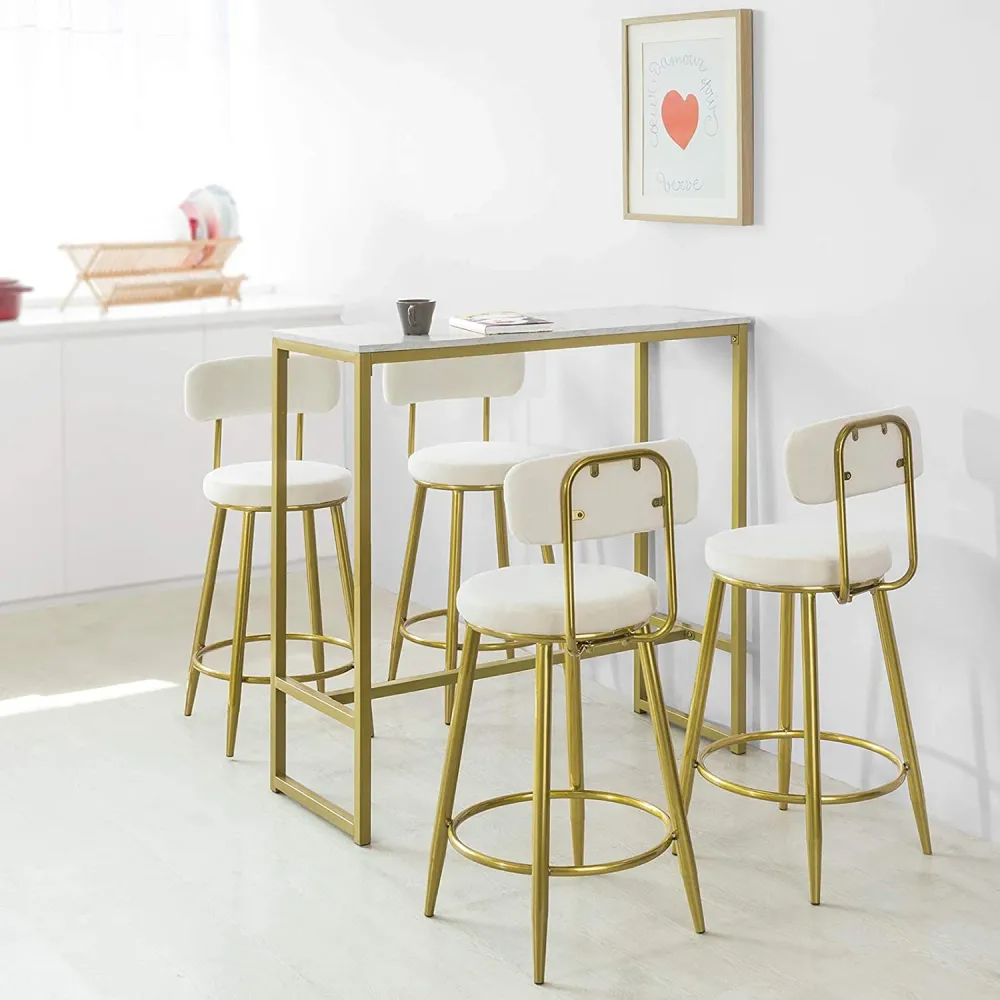 Barbord / konsolbord med bordplade i marmor-look og guldfarvet kant