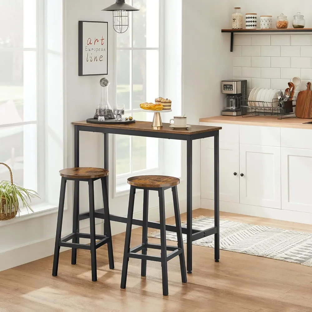Barbordssæt, køkkenbord med 2 x barstole, industriel design, brun