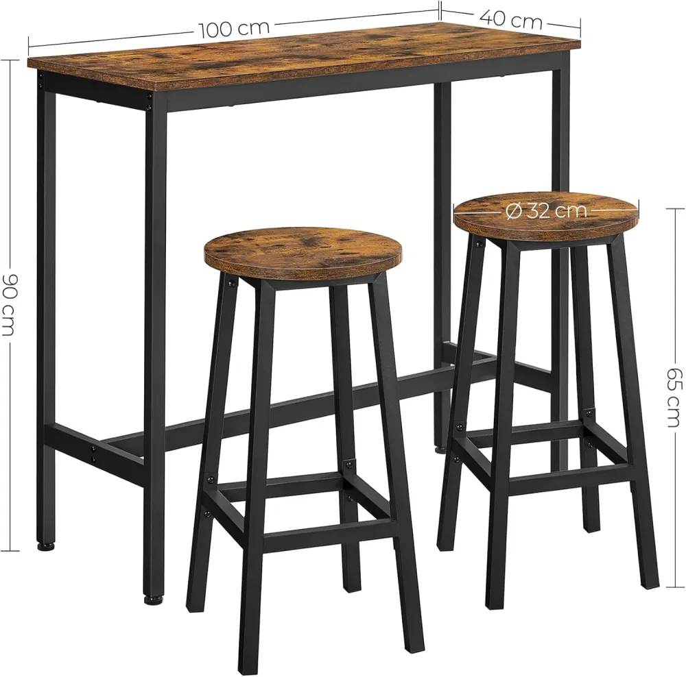 Barbordssæt, køkkenbord med 2 x barstole, industriel design, brun