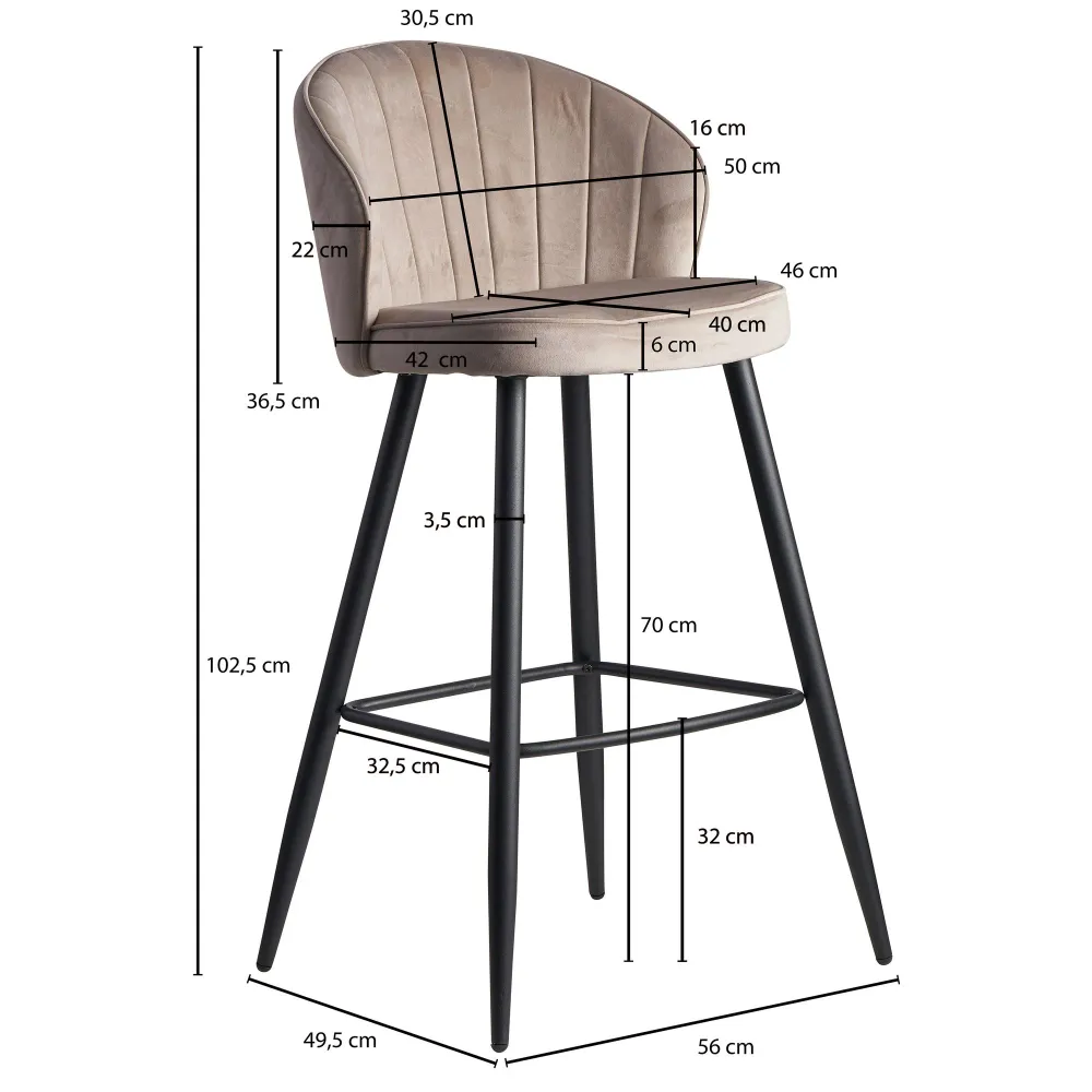 Designer barstol i fløjl, ecru, 56x102x52 cm