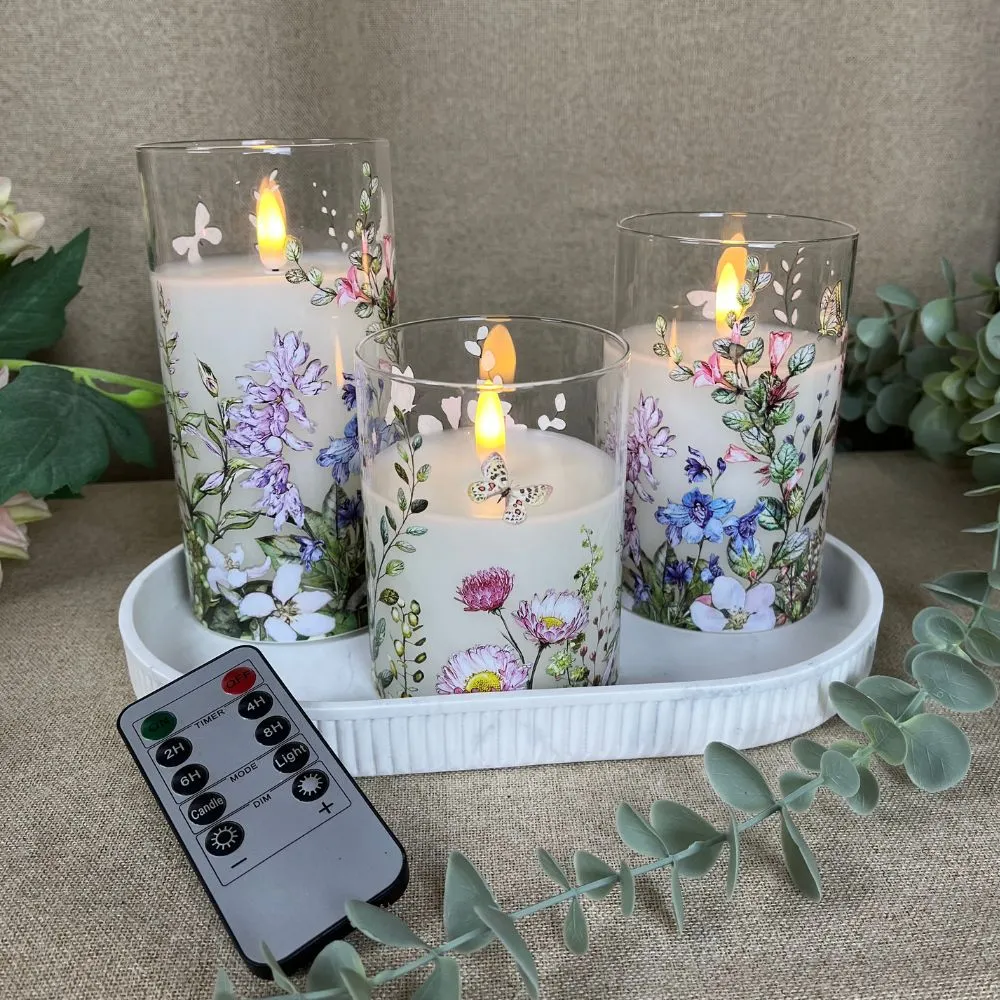 LED lys i cylinder glas 3 stk. – blomster motiv og fjernbetjening