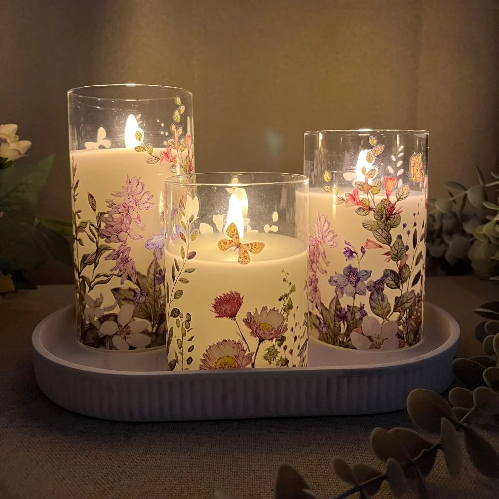 LED lys i cylinder glas 3 stk. – blomster motiv og fjernbetjening
