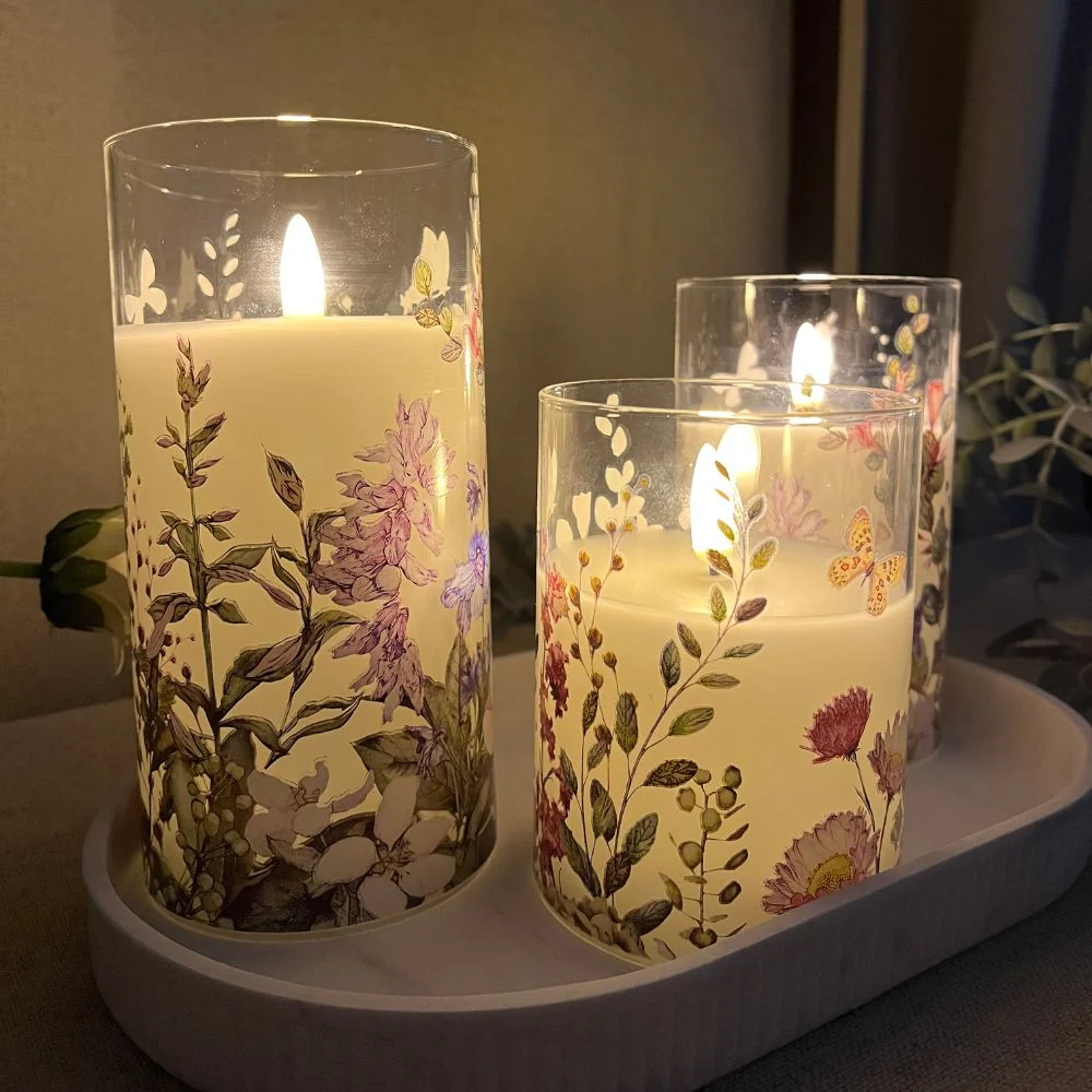 LED lys i cylinder glas 3 stk. – blomster motiv og fjernbetjening