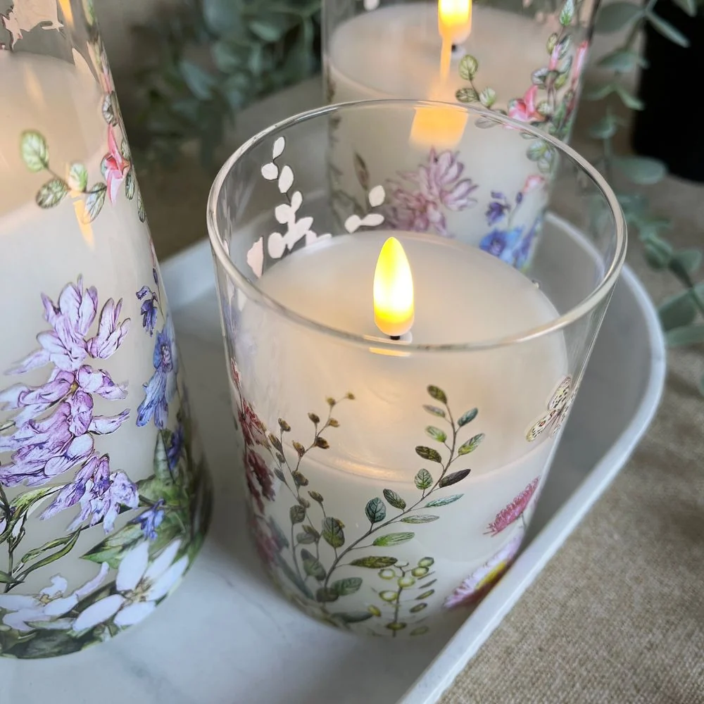LED lys i cylinder glas 3 stk. – blomster motiv og fjernbetjening