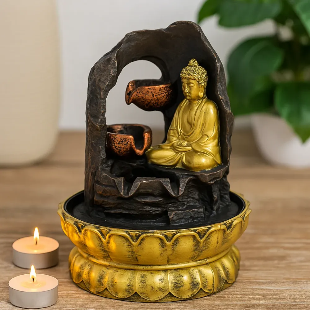 Bordfontæne, 30cm Gylden Mediterende Buddha