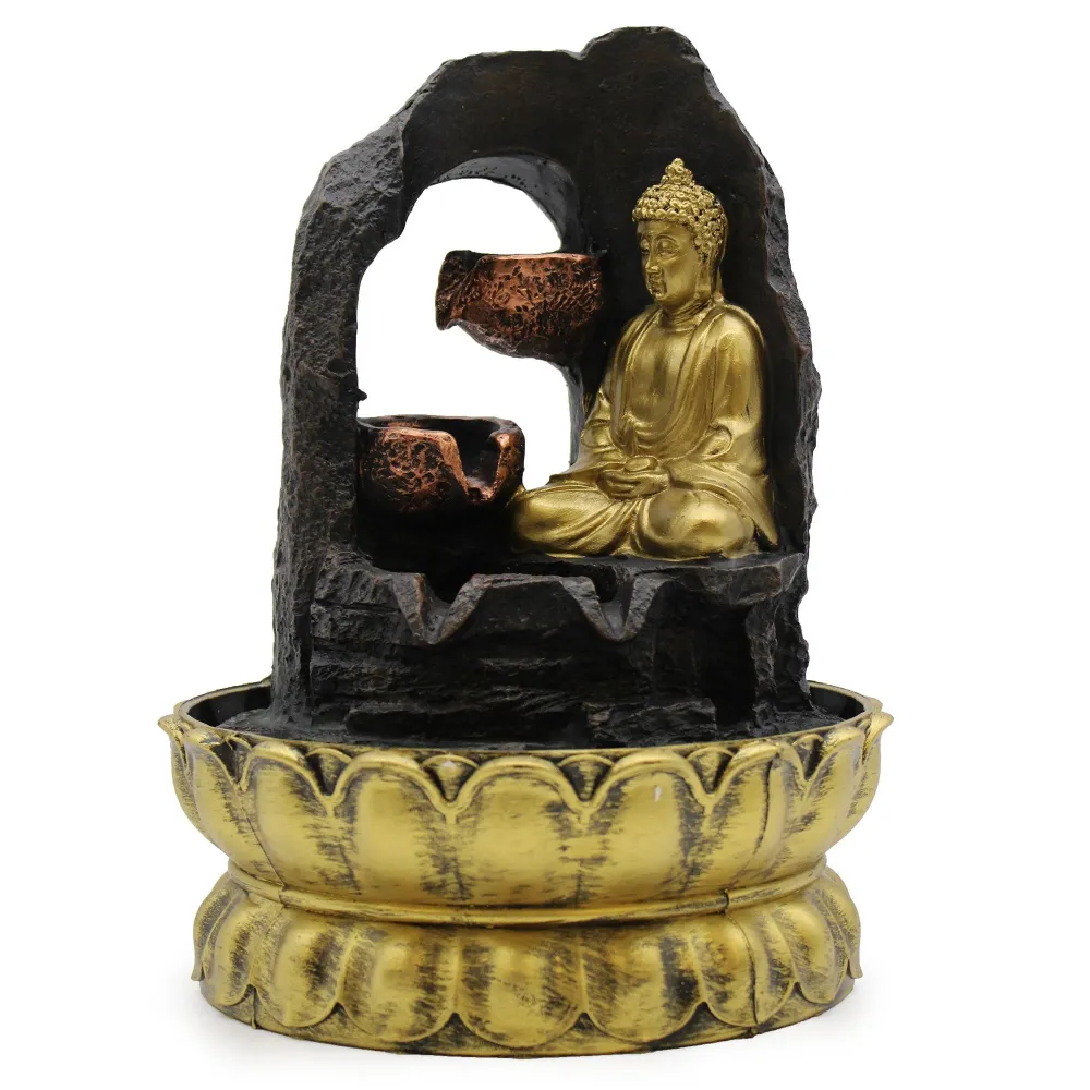 Bordfontæne, 30cm Gylden Mediterende Buddha