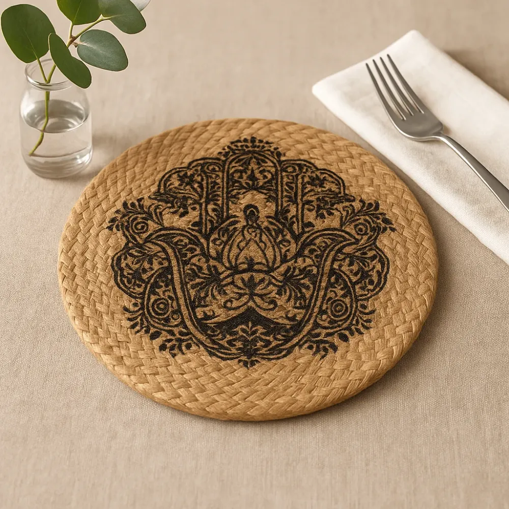 30cm jute bordskåner med Hamsa-tryk