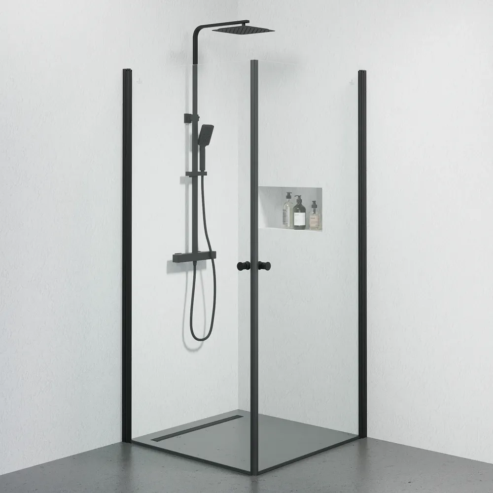 Tulsa bruseafskærmning, firkantet, sort profil, klart glas BATH DELUXE - BASIC