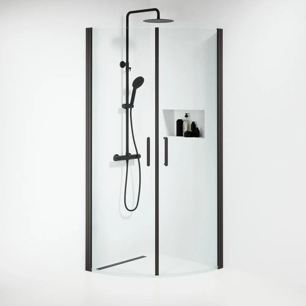 Sandefjord bruseafskærmning, rund, sort profil, klart glas BATH DELUXE - EXCLUSIVE