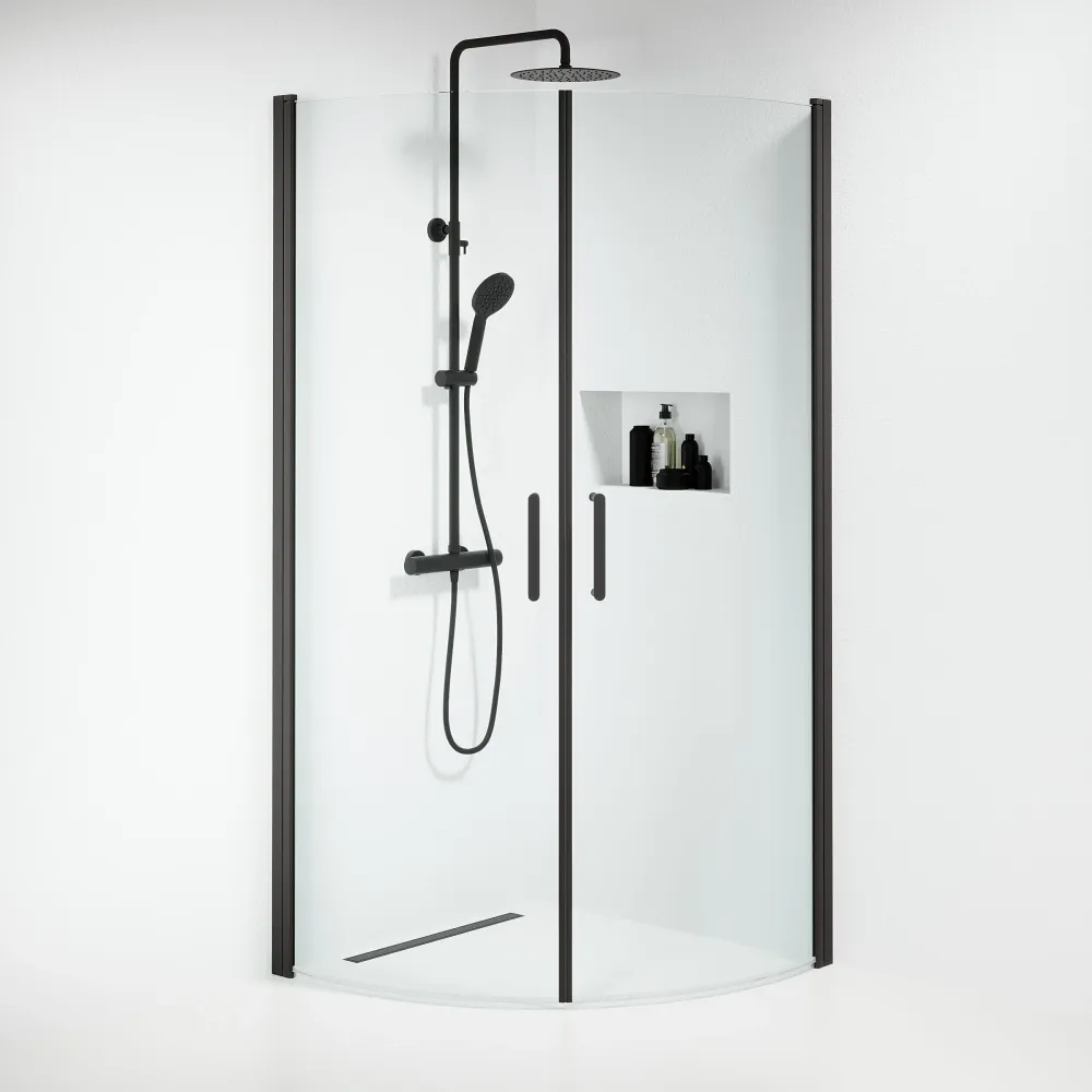 Sandefjord bruseafskærmning, rund, sort profil, klart glas BATH DELUXE - EXCLUSIVE