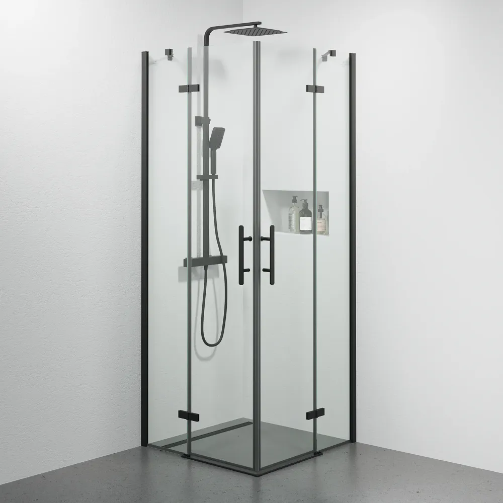 Rämen Bruseafskærmning, firkantet, sort profil, klart glas BATH DELUXE - PRESTIGE