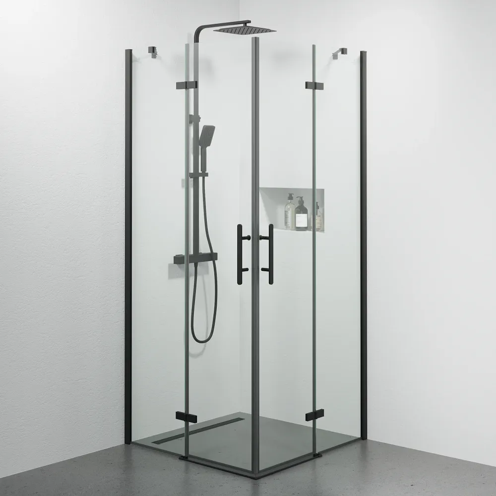 Rämen Bruseafskærmning, firkantet, sort profil, klart glas BATH DELUXE - PRESTIGE