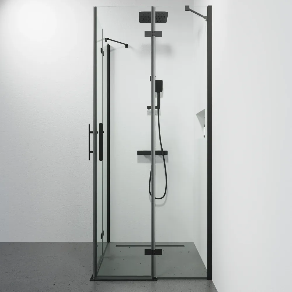 Rämen Bruseafskærmning, firkantet, sort profil, klart glas BATH DELUXE - PRESTIGE
