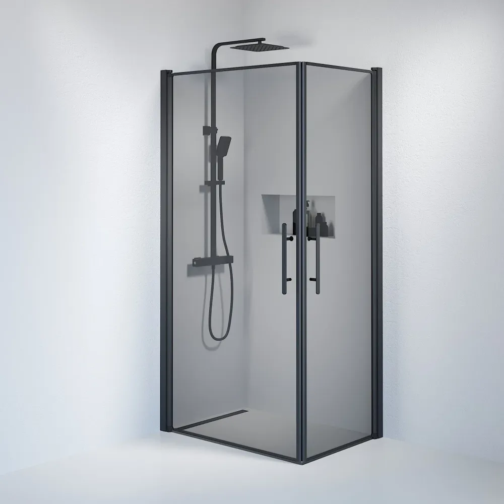Vänern bruseafskærmning, firkantet, mørkt tonet glas, sort profil BATH DELUXE - PRESTIGE