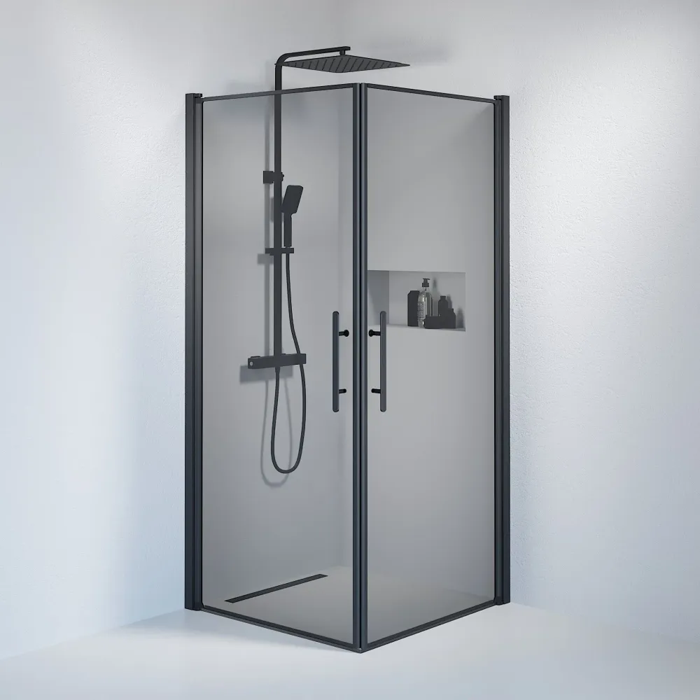 Vänern bruseafskærmning, firkantet, mørkt tonet glas, sort profil BATH DELUXE - PRESTIGE