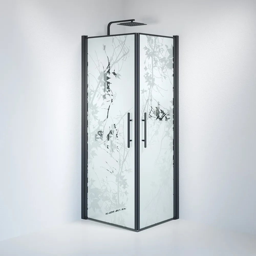 Vänern bruseafskærmning, firkantet, sort profil, dekorativt glas BATH DELUXE - PRESTIGE