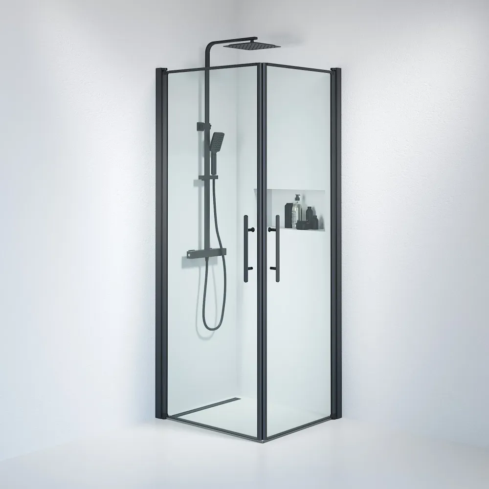 Vänern bruseafskærmning, firkantet, sort profil, klart glas BATH DELUXE - PRESTIGE
