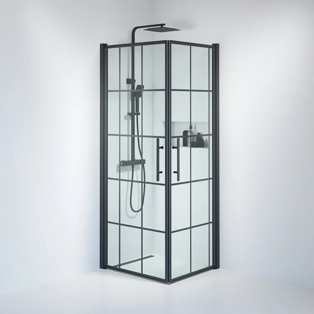 Vänern bruseafskærmning, firkantet, sort profil, sort indrammet glas BATH DELUXE - PRESTIGE