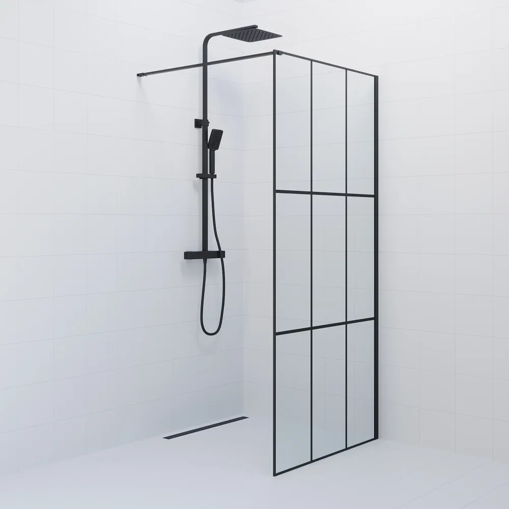 Tulsa brusevæg, sort profil, sort indrammet glas BATH DELUXE - BASIC