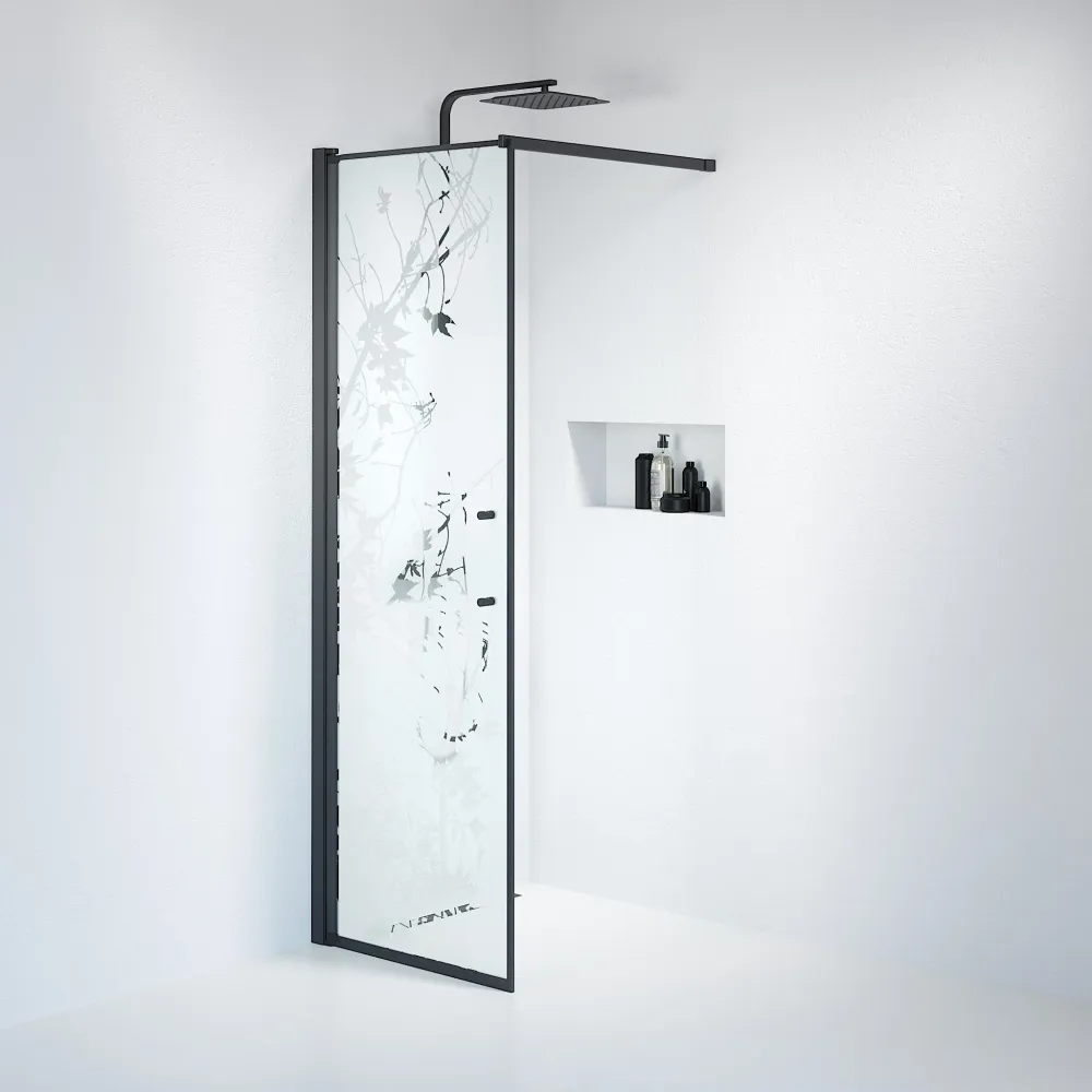 Vänern brusevæg, sort profil, dekorativt glas BATH DELUXE - PRESTIGE