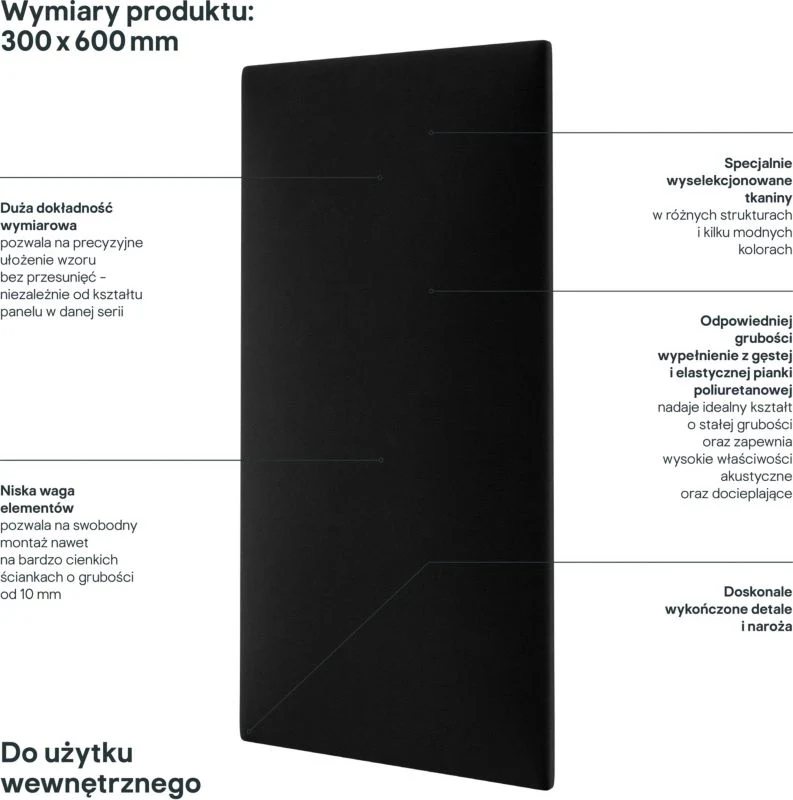 Polstret vægpanel Stegu Mollis rektangulær 60 x 30 cm mat-sort