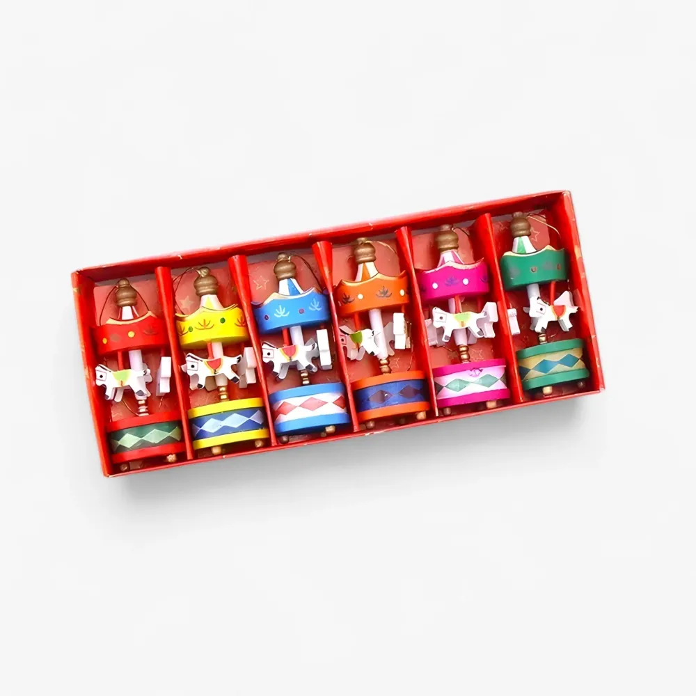 Drejeskive | Miniature træheste ornament til jul - underholdning og gaver til børn
