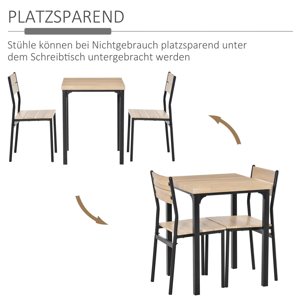 3-Delt spisebord køkkenbord med stole sæt naturtræ + charcoal med 1 bord + 2 stole