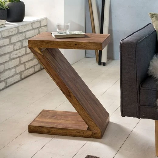 Designer formet Z-bord i massivt træ, japandi-look, bespoke, H59cm højt, brun