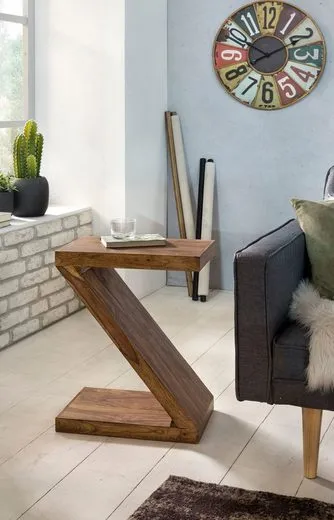 Designer formet Z-bord i massivt træ, japandi-look, bespoke, H59cm højt, brun