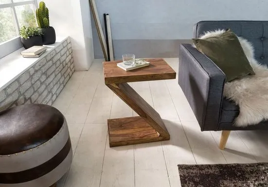 Designer formet Z-bord i massivt træ, japandi-look, bespoke, H59cm højt, brun