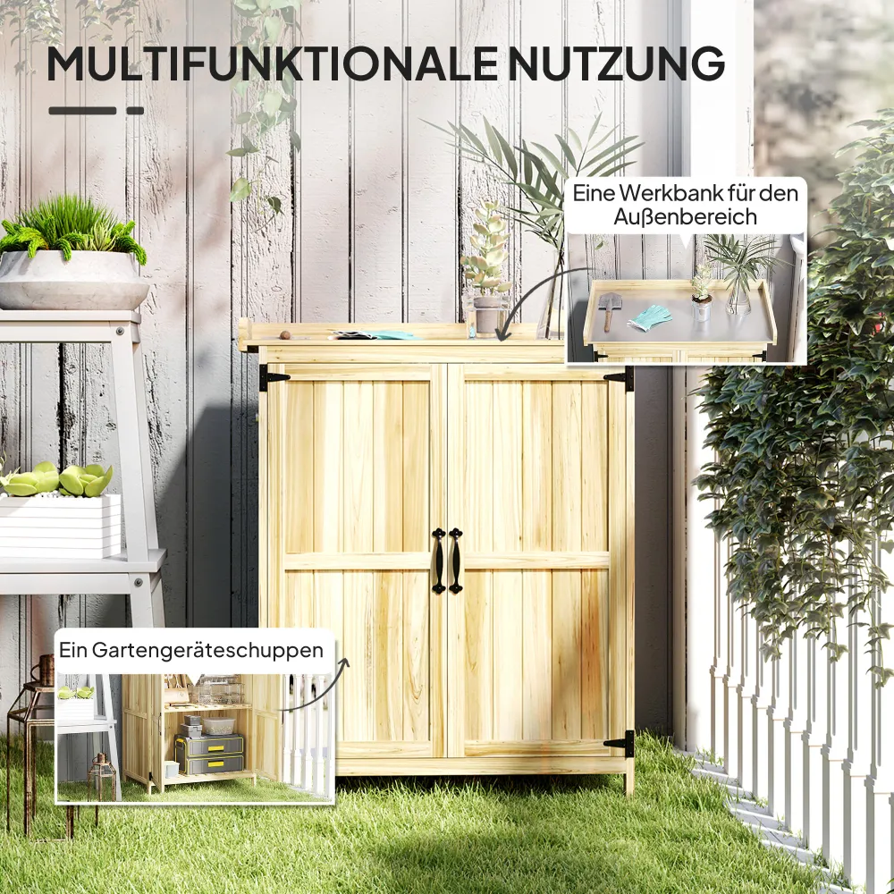 Haveskab, udendørs værktøjsskab med bordplade, træ og rustfrit metal, dobbeltdøre, naturtræ