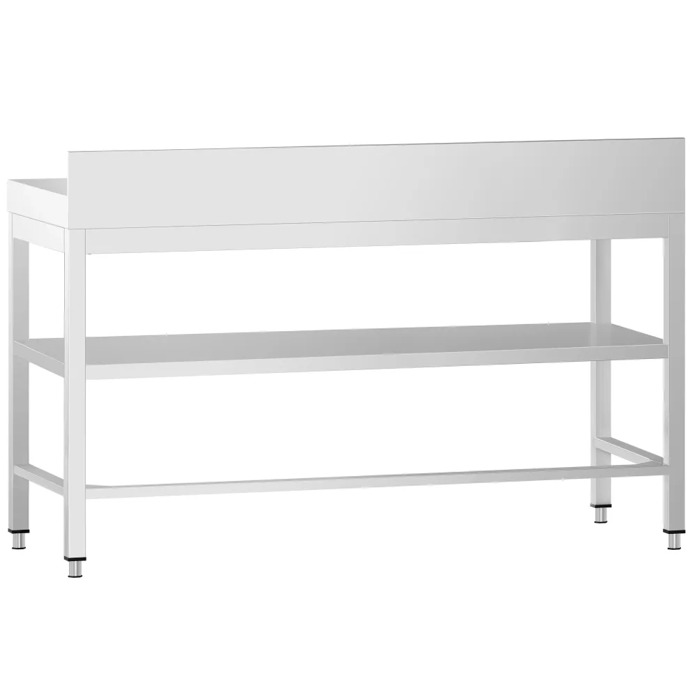 Rustfrit Stålbord PREMIER - 1,6 m - med hylde underhylde, bagkant & afstivning