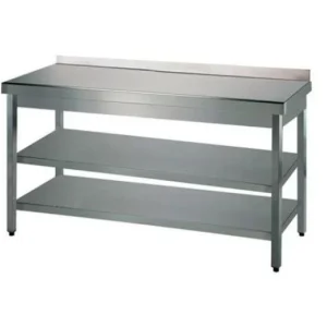 Rustfrit stålbord m. 2 underhylder og bagkant, 70 cm bredde 400