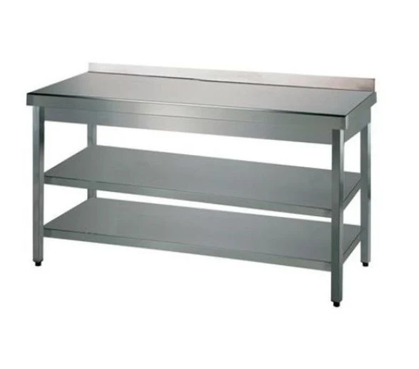 Rustfrit stålbord m. 2 underhylder og bagkant, 70 cm bredde 400