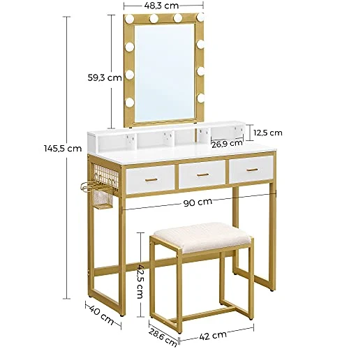 Sminkebord med skammel, 10 LED-pærer, spejl, L90 x B40 x H145,5cm, kridt med guldfarvet kant