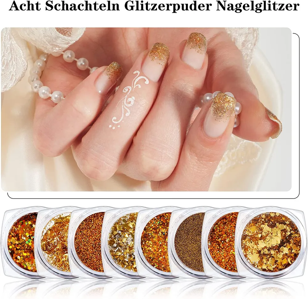 8 æsker med glitterpulver/glitterneglepailletter