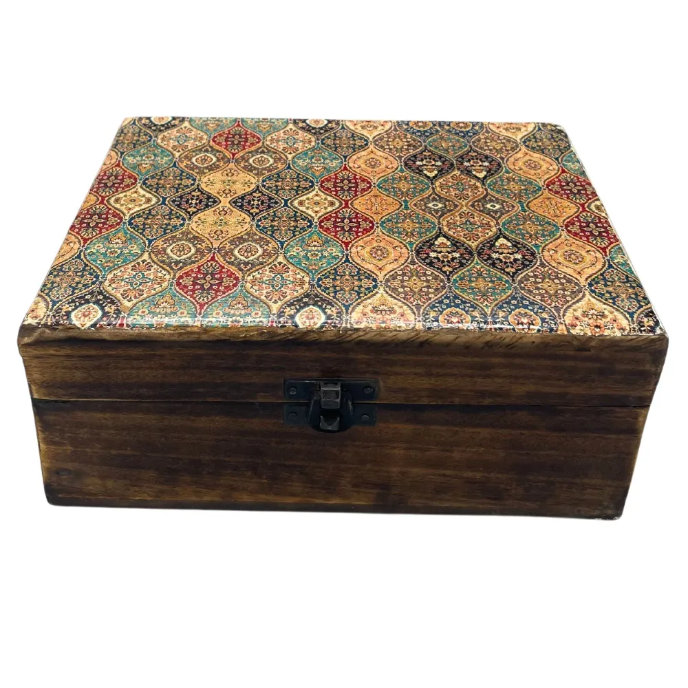 Keramisk glaseret mango trææske 20x15x7.5cm traditionelt mønster
