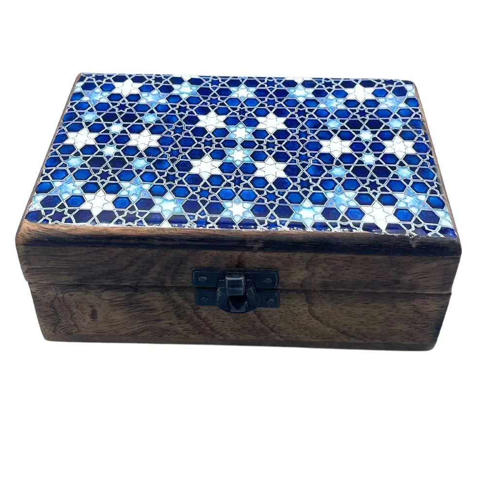 Keramisk glaseret mango trææske blå stjerner 15x10x6cm