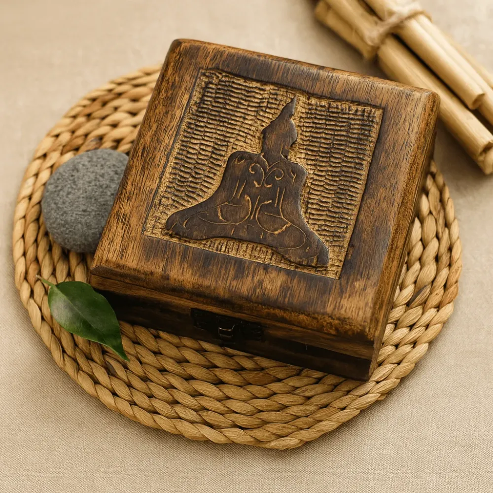 Træ mindeboks, firkantet Buddha 13x13x6cm