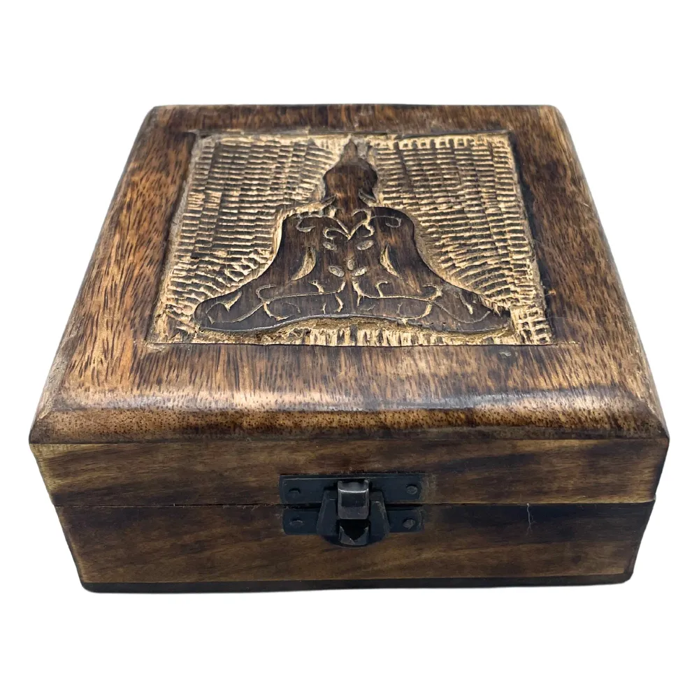 Træ mindeboks, firkantet Buddha 13x13x6cm