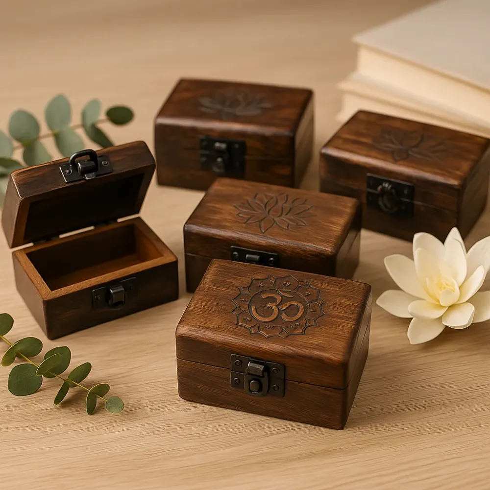 Træ Pilleæske Håndlavet Udhugget 9x5x4 cm