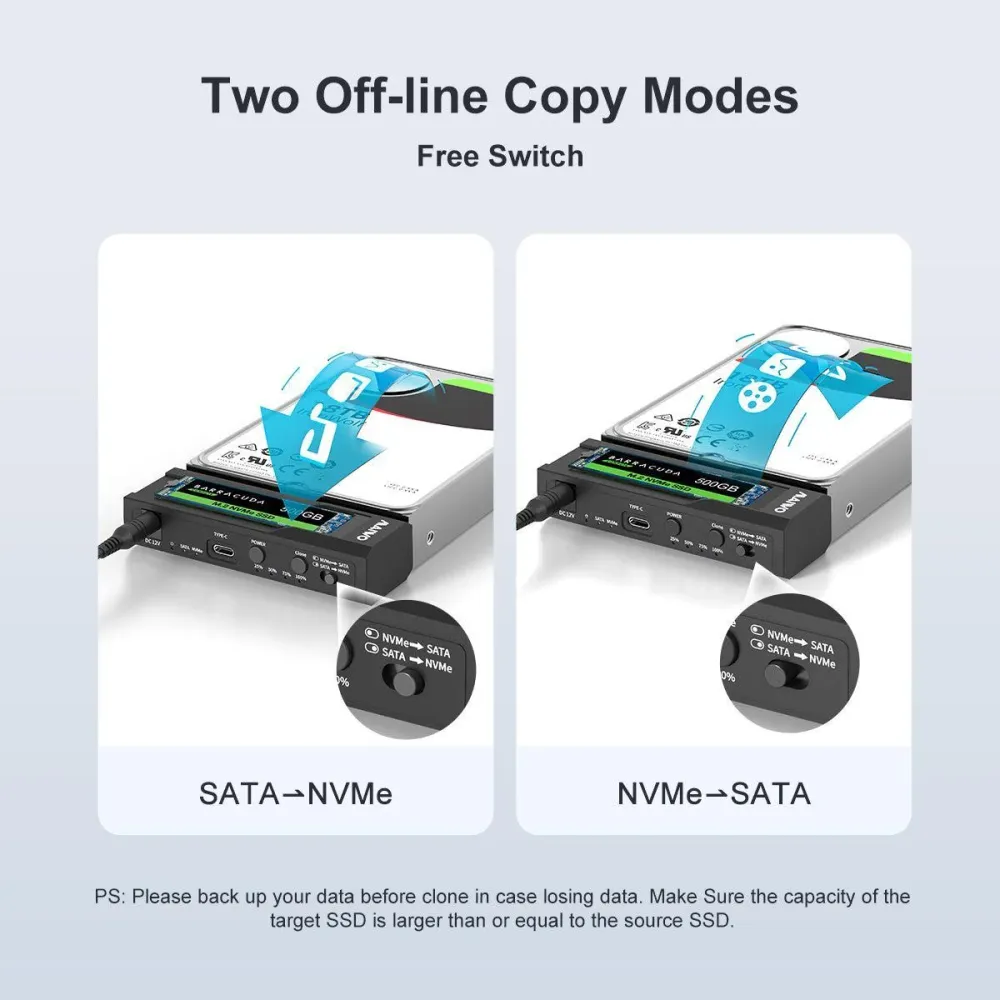 Maiwo Offline Hard Drive Kloning NVMe M.2 SSD til 2,5" og 3,5" SATA HDD MODERN USB 3,2 10Gbps