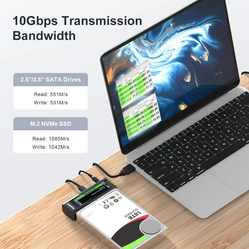 Maiwo Offline Hard Drive Kloning NVMe M.2 SSD til 2,5" og 3,5" SATA HDD MODERN USB 3,2 10Gbps